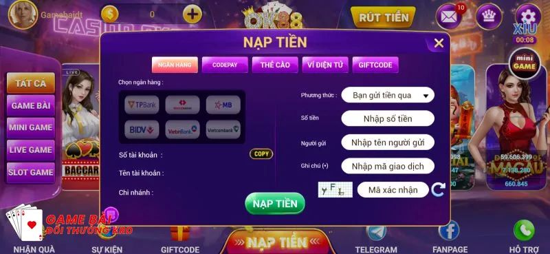 Cách nạp tiền vào tài khoản OK88 